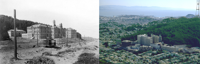 C. 1900 University of California, College of Medicine, San Francisco, California and an aerial view. Image Courtesy of Archives and Special Collections, Library and Center for Knowledge Management, University of California, San Francisco. of UCSF Parnassus campus